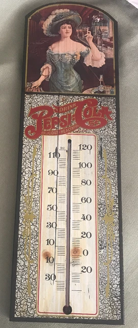 VINTAGE 1973 PEPSI COLA 23" x 7" WOOD ADVERTISING THERMOMETER LADY in BAR WORKS!