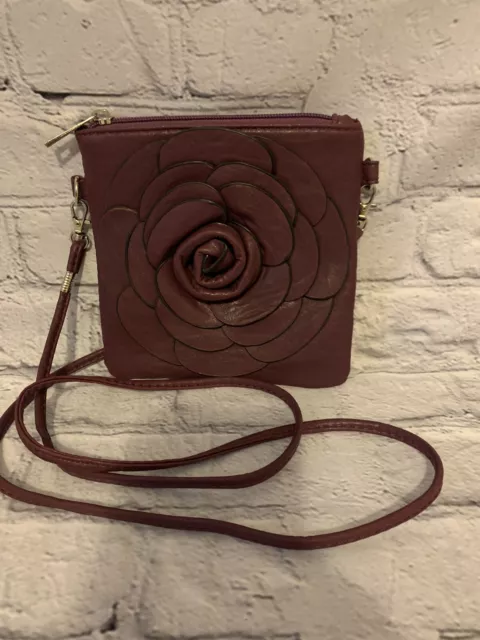 Maroon  Faux Leather Cross Body  6" X 6" Floral 26” Strap-SUPER CUTE BAG-NICE
