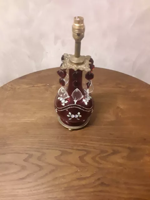 Vintage/Antique Cranberry Glass & Brass Lamp - Enamelled Decoration with Lustres