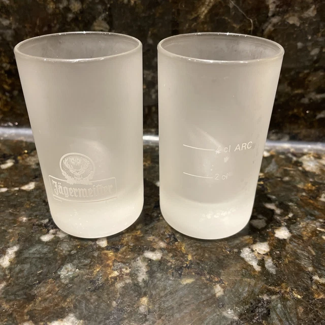 JAGERMEISTER FROSTED SHOT GLASSES 2 cl 4 cl ARC German Deer Head Logo Set of 2