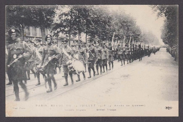 British Troops marching in Paris France WWI postcard 1918