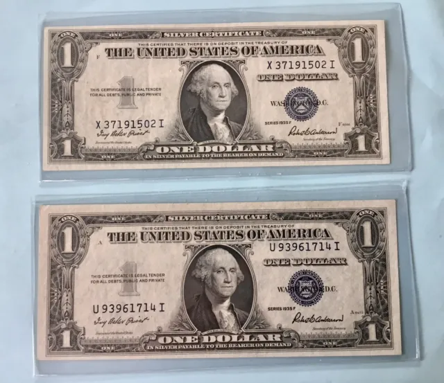2 $1.00 One Dollar Note Silver Certificates Series 1935 F Crisp AU Cond.