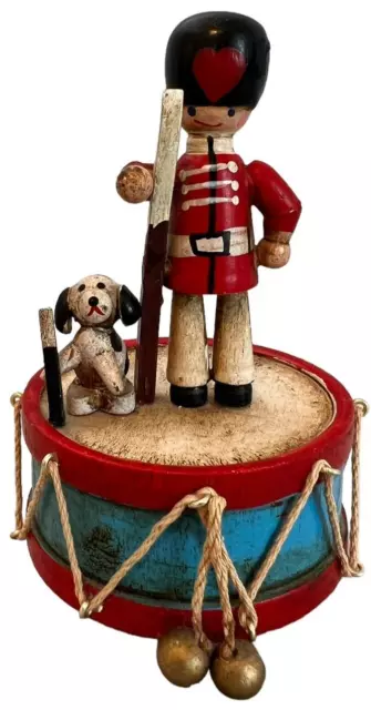 Wooden Toy Soldier Music Box Wind Up Toyland Dalmation Puppy Taiwan Drum 5"