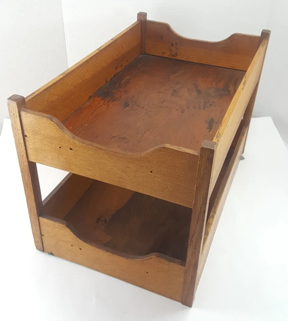 Vintage SOLID OAK TRAY ORGANIZER Handmade Arts and Crafts Files 2 Shelves