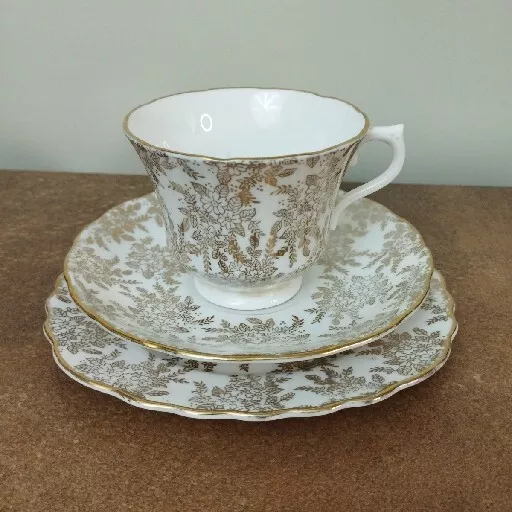 Vintage, 1950s, Royal Vale, Tea Cup, Saucer & Side Plate Trio, Gold Floral 2