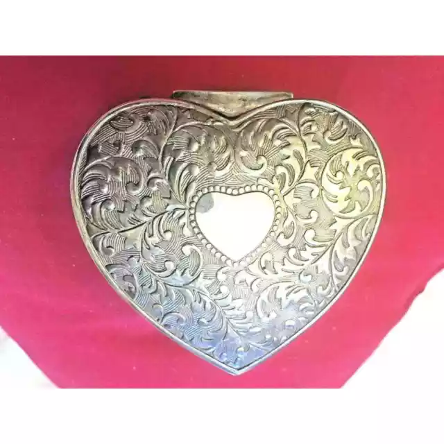 HEART SHAPED JEWELRY BOX  Vintage SILVER PLATED with RED VELVET LINING