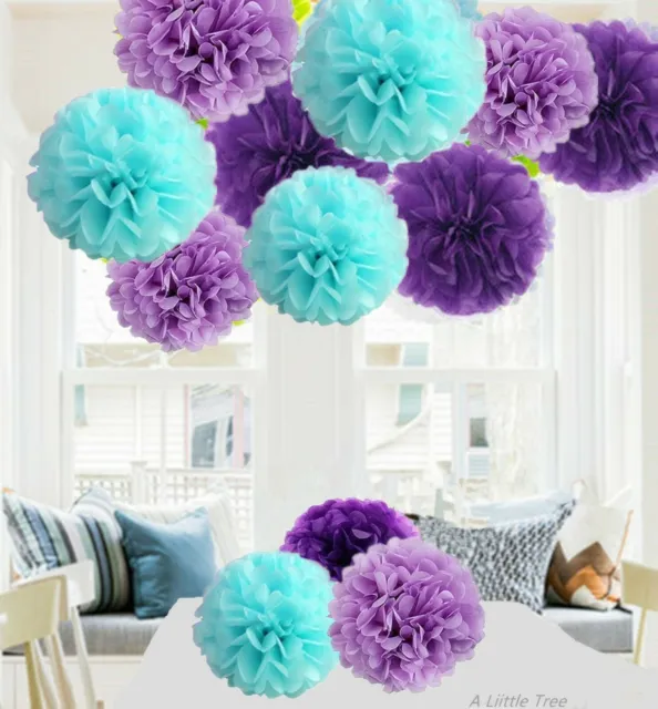 12 PCs Purple Lilac Light Blue Tissue Paper Pom Poms PomPoms Birthday Party(8")