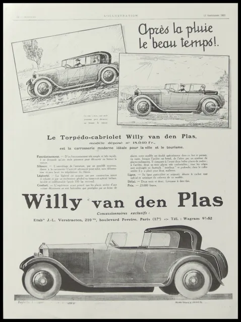 Publicite  Automobile Willy Van Den Plas   Car   Ad  1925