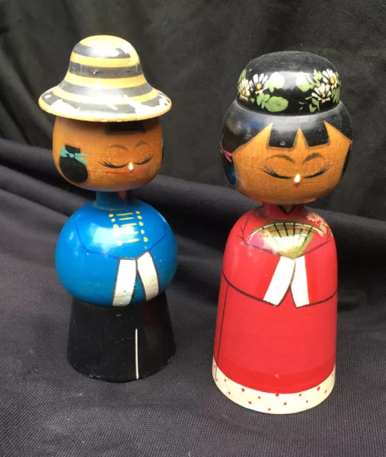 Pair Vintage Kokeshi Japanese Nodding Wood Doll Figure Sk Folk Art Old Toy Child