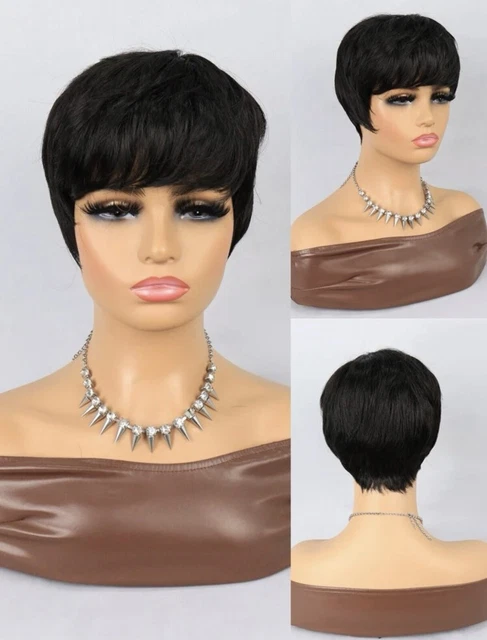 Perruque Synthétique Courte Style Pixie – Noir Lisse Avec Frange – Bonnet Taille M +4 Bonnets Inclus