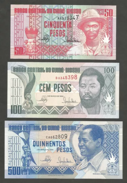 Guinea Bissau 50, 100, 500 Pesos 1.3.1990; UNC; P-10,11,12; Lote de 3 piezas