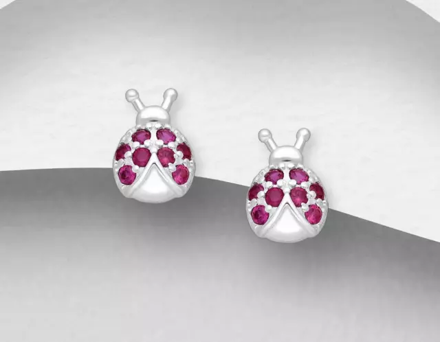 New 925 Sterling Silver LadyBugs 8mm Stud Earrings Cubic Zirconia