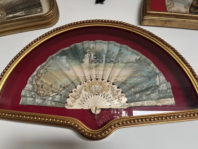Ventaglio Antico In Teca Di Legno Dorata- Fan painted in woodencha- Abanico