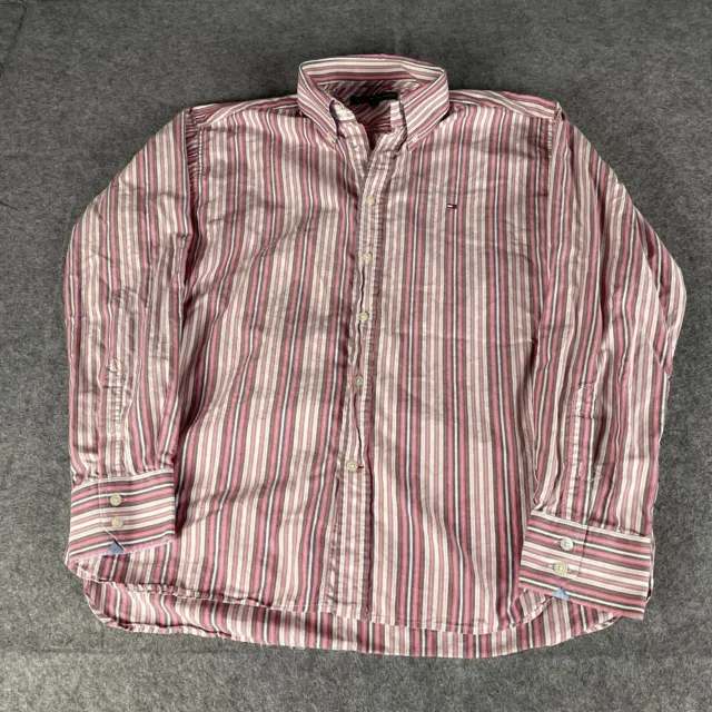TOMMY HILFIGER MENS Large Red Striped Long Sleeve Shirt Button Up Retro ...
