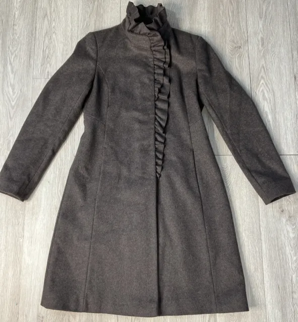 DKNY Ruffle Wool Blend Snap Button Down Mid-Length Dressy Coat Jacket Brown Sz 4