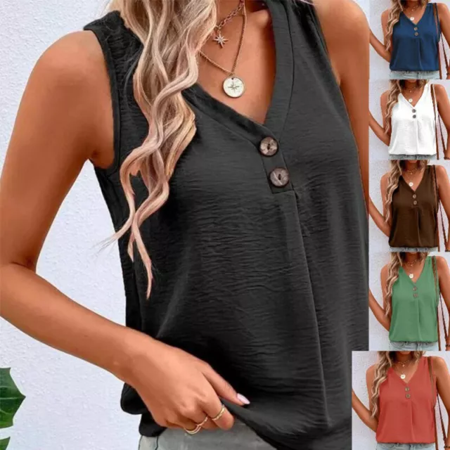 Womens V-Neck Sleeveless Tank Vest Tops Ladies Summer Casual T-Shirt Blouse Tee