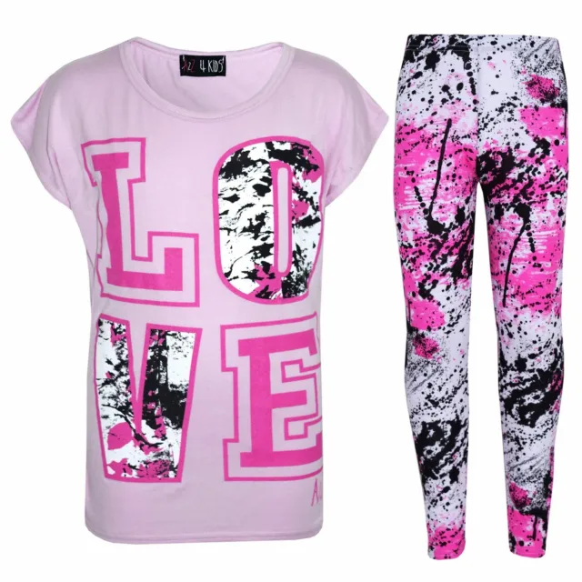 Kids Love Print Splash Short Sleeve Baby Pink T-Shirt Top Legging Set Girls 5-13