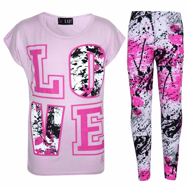 Kids Love Print Splash Short Sleeve Baby Pink T-Shirt Top Legging Set Girls 5-13