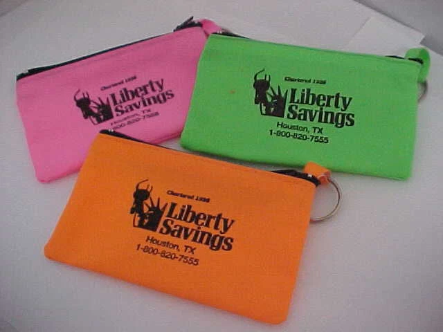 (3) LIBERTY SAVINGS Chartered 1926 Houston Texas Fluorescent Key Ring Coin Purse