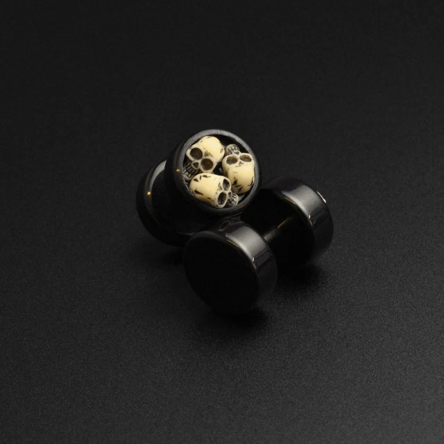 Fake Ear Stretcher Plug Earrings 3D Triple Skull Acrylic Faux Gauge Flesh plug