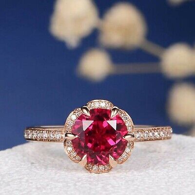 2Ct Lab-Created Red Ruby Diamond Halo Women Engagement Ring 14K Rose Gold Finish