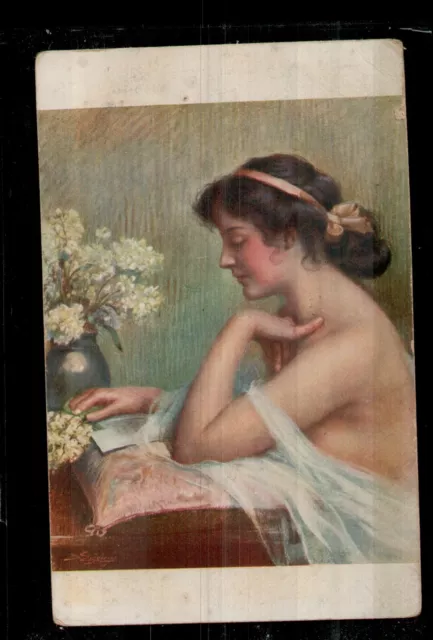 Postcard woman reads, flowers, artist small format