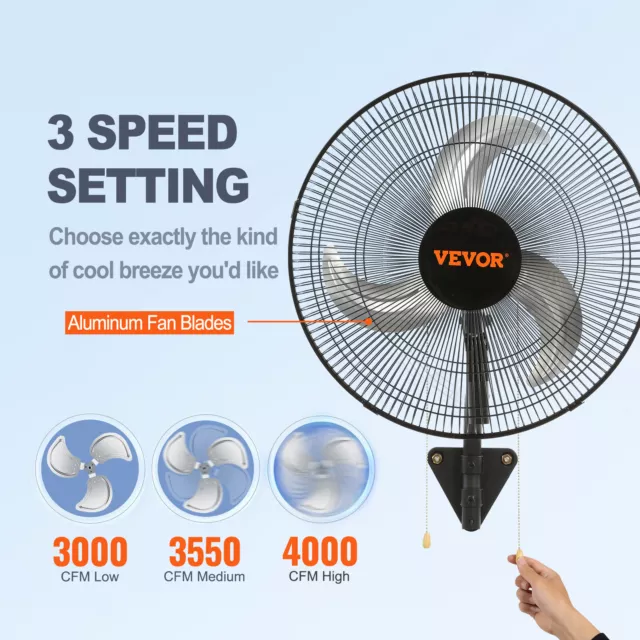 VEVOR Industrial Wall Mount Fan 18" Oscillating Metal Fan 3 Speed Ventilation 3