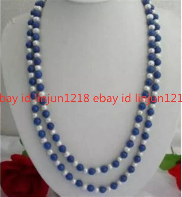 Natural 8mm Egyptian Blue Lapis Lazuli & Real White Pearl Necklace 30" Strand