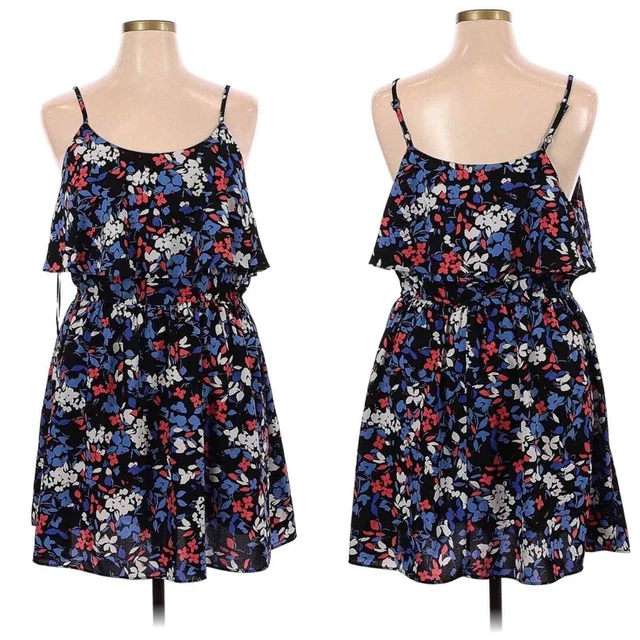 NWT Elle Women Black Casual Dress Americana Red White Blue Floral Ruffle Mini M