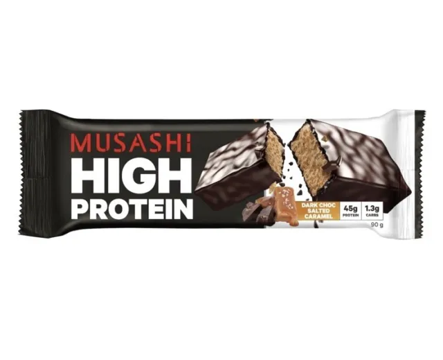 MUSASHI High Protein 12 x 90g Bars - Dark Choc Salted Caramel P45g C1.3g F8.1g
