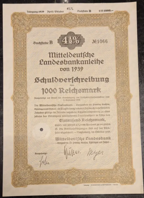 4,5%ige Schuldverschreibung 1.000 RM, Mitteldeutsche Landesbank, Magdeburg 1939