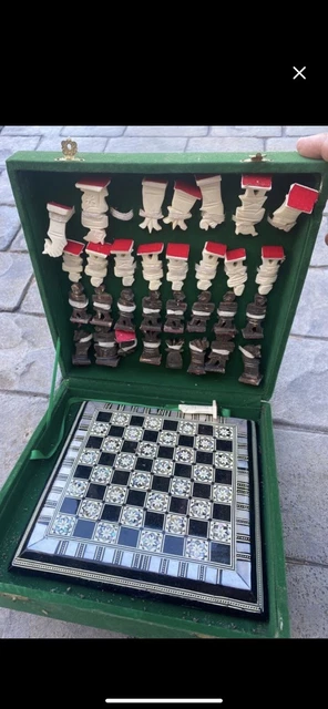 Jeu D'échecs Artisanal - Pièces En Os (chameau?), Plateau Nacre Et Os 35x35cm, Égypte