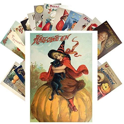 LINDAS 24 Postales de Halloween Brujas Gato Negro Calabaza Aterradora De Colección...