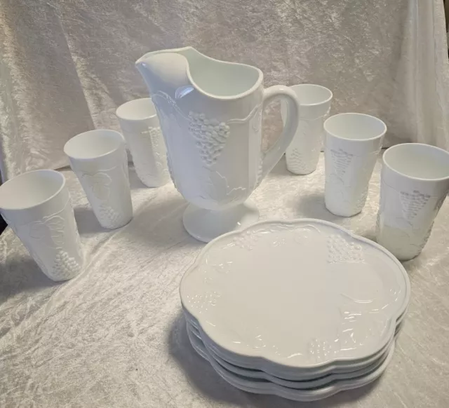 Indiana Milk Glass Pitcher 6 Tumblers, With Plates Vintage Colony Harvest Grape