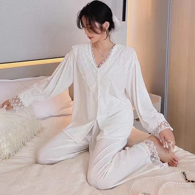 FEMME PELUCHE PYJAMA Ensemble Dentelle Épissure Col V Bouton