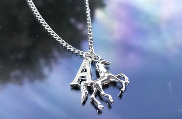 Initial & Horse Pendant Necklace Personalised with Silver Plated Letter