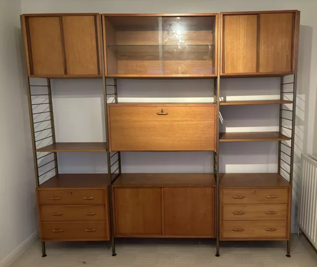 Stunning 1960s Ladderax 3 Bay Modular Shelving Unit Teak - Bronze/Gold Ladders