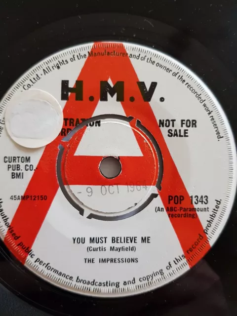 Impressions,DEMO,You Must Believe Me,N.Mint,HMV,1964,Northern Soul,Mod,Curtis