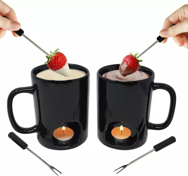 Fondue Mugs Set of 2 | Ceramic Mugs for Chocolate or Cheese | Includes Forks
