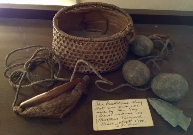RARE Colonial Gay Head Aquinnah Indian Sling, Basket, & Ammo, c 1700, Provenance