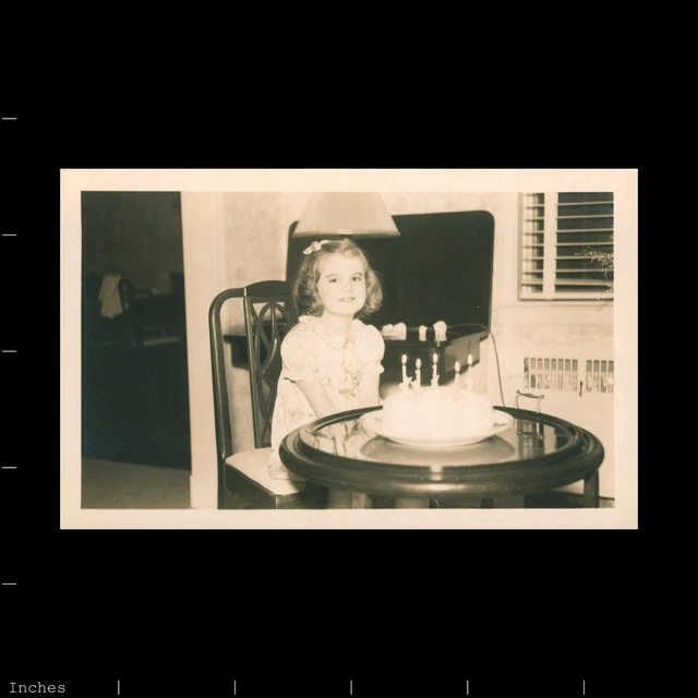 Old Vintage Photo SMILING GIRL SITTING AT TABLE WITH BIRTHDAY CAKE