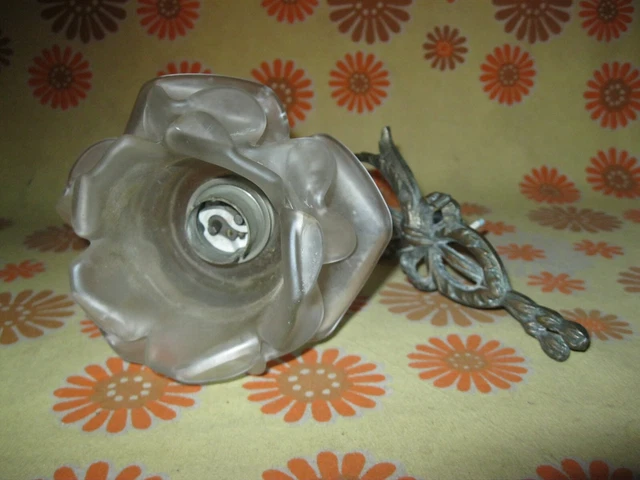 Vintage Ancienne LAMPE APPLIQUE MURALE FLEUR en PATE DE VERRE et BRONZE Art Déco