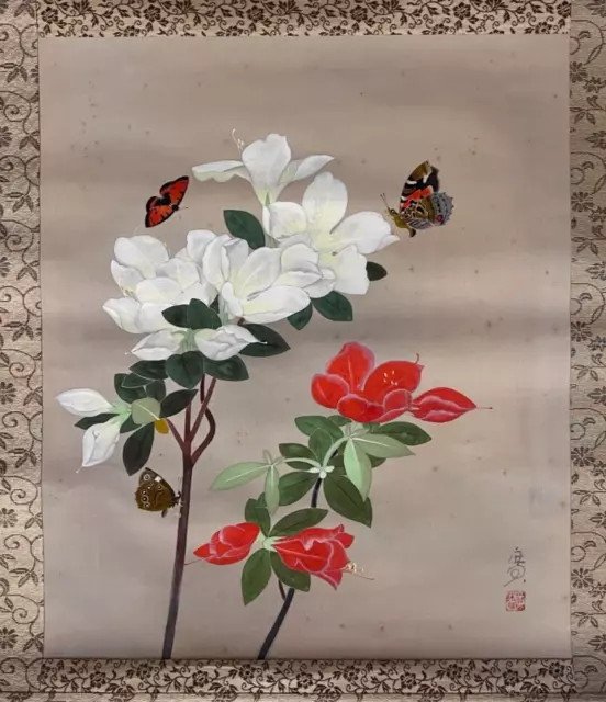 Antique Vertical Silk Scroll painting floral and butterflies