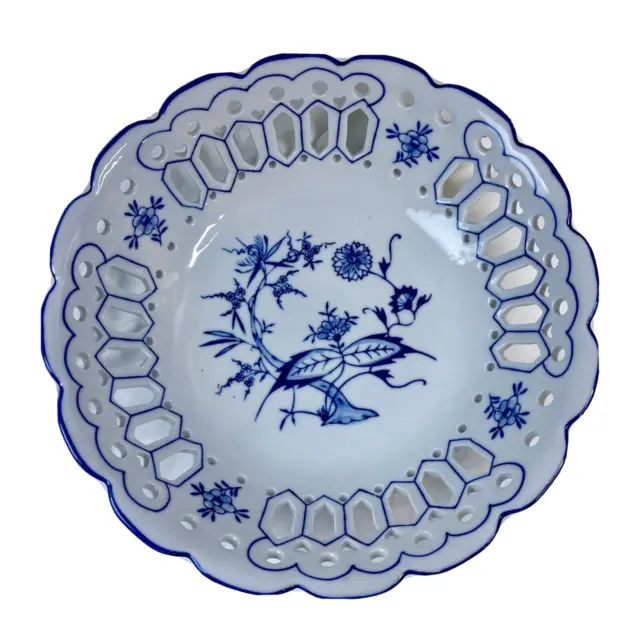 Hand Painted Reticulated Blue & White Porcelain Bowl Floral 9" Vintage