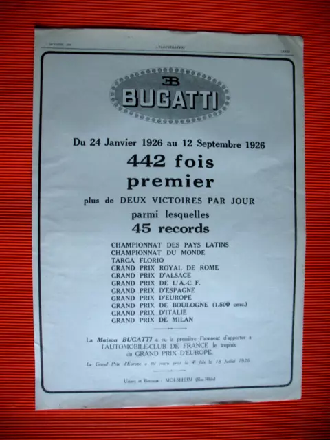 Bugatti Press Release Victories & Records Auto Championships Ad 1926