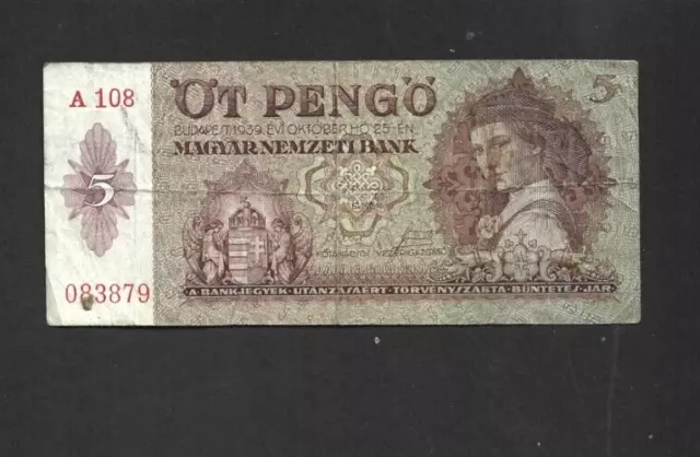 5 Pengo Fine  Banknote From  Hungary/Reclaimed Territories   1939  Pick-106