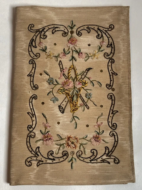 Magnifique ancienne reliure de livre ou pochette en tissu brodé d'époque XIXème