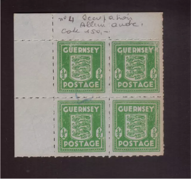 GB GUERNSEY BLOC n° 4  1/2 PENNY VERT / GRIS OCCUPATION ALLEMANDE Cote = 120 €