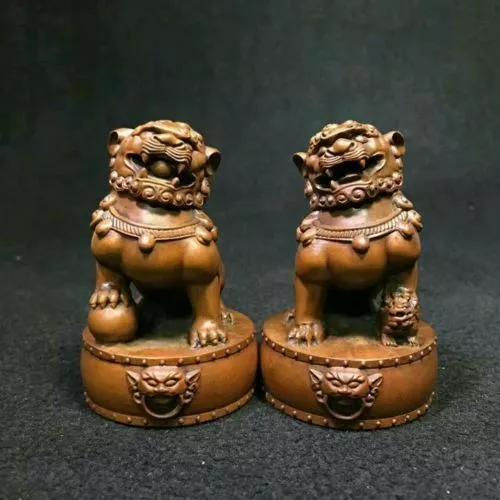 Chinese Boxwood Wood Carving Fengshui Lion Fu Foo Dog Guardion Beast Statue Pair