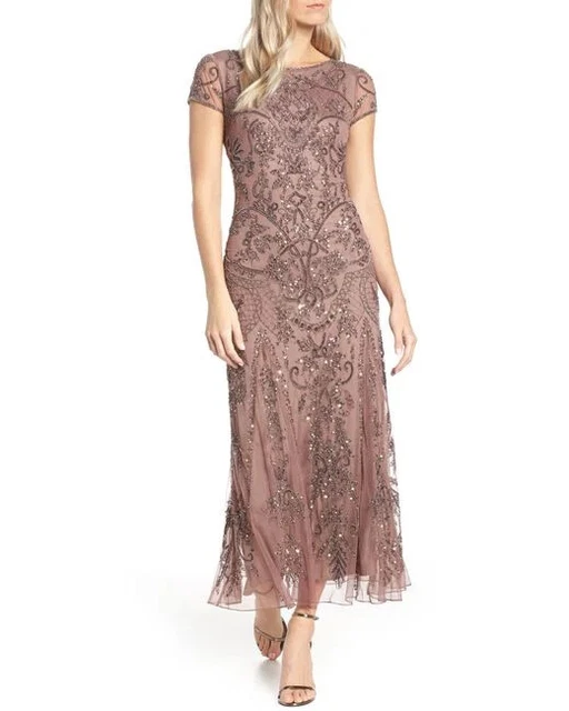 Pisarro Nights Art Deco Beaded Sequin Art Deco Latte Brown Gown SZ 14 NWT $268